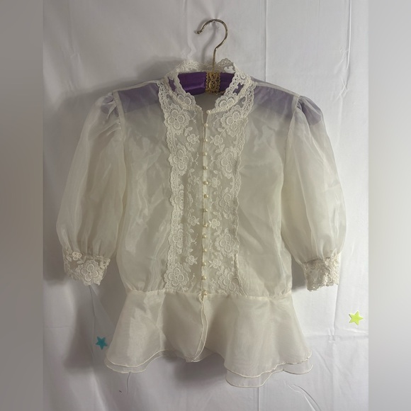 VTG Ivory Sheer Lace Pearl Button Puff Sleeve Victorian Blouse Size S/M - Picture 16 of 16